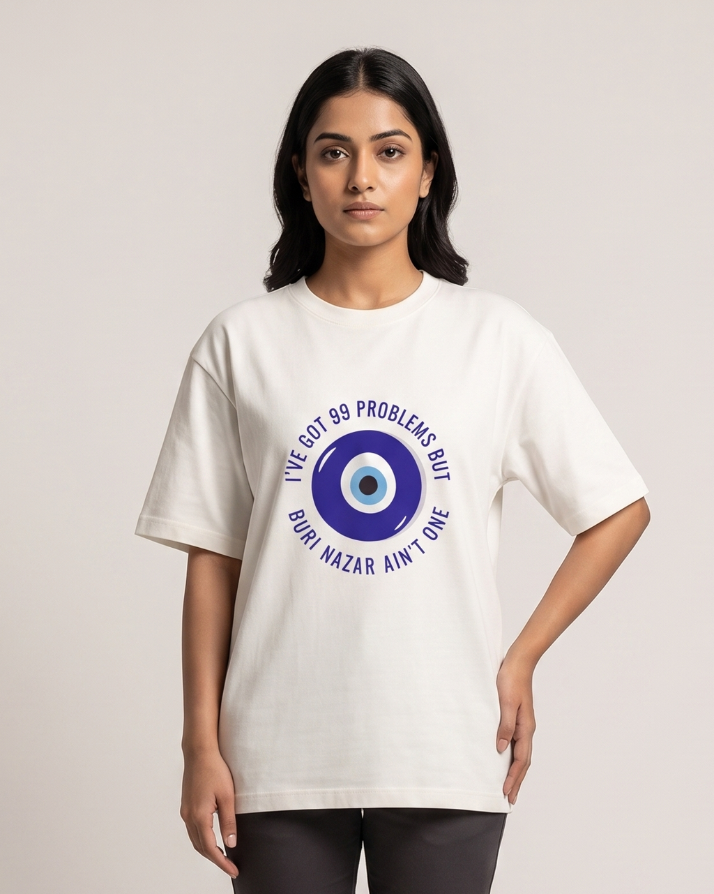 No Buri Nazar - White - Chapter26 premium oversized graphic t-shirt, worn by a female model