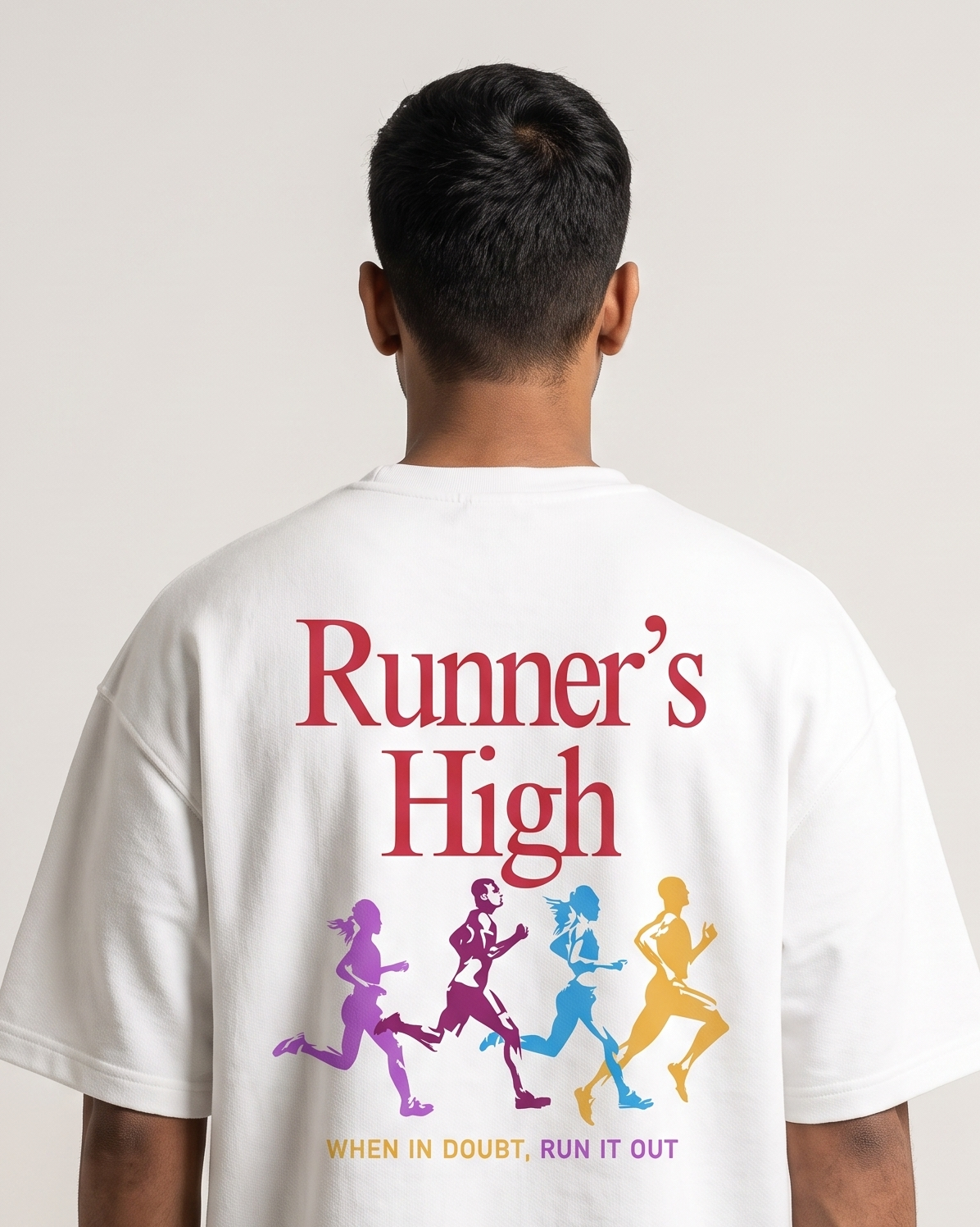 Runner's High - White - Chapter26 premium oversized graphic t-shirt, back print, worn by a model