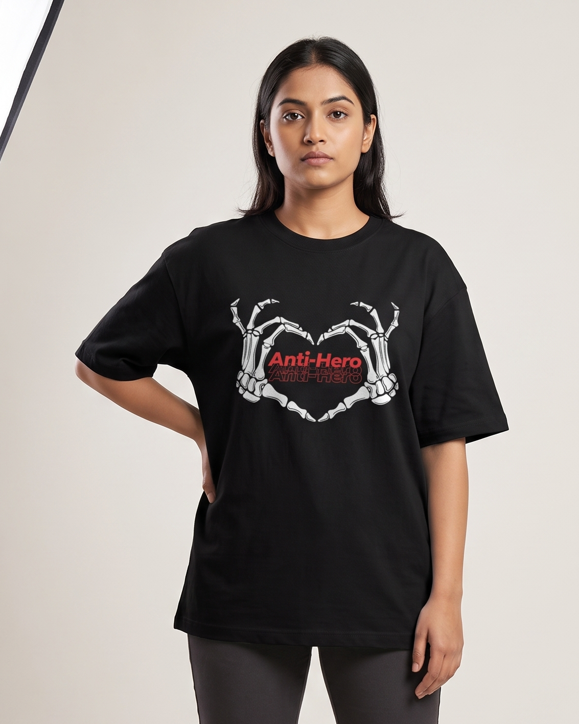 Anti-Hero - Black - Chapter26 premium oversized graphic t-shirt, worn by a female model