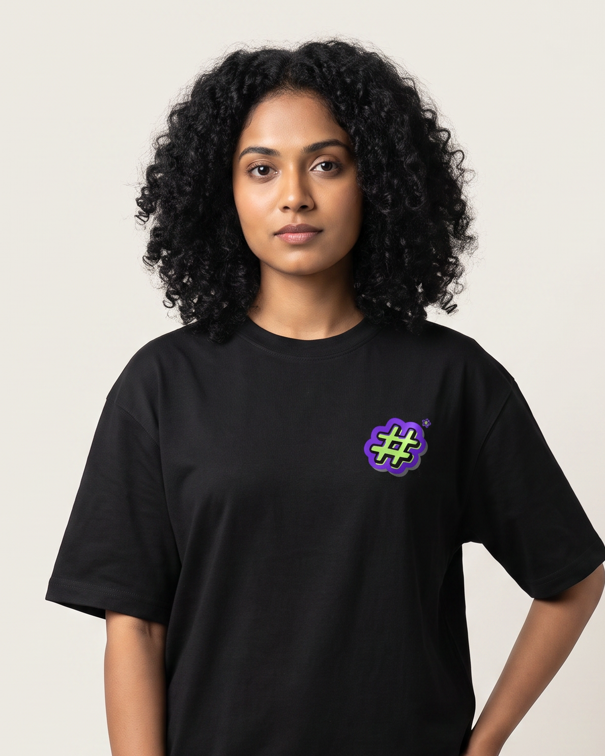 Hash-Tag - Black - Chapter26 premium oversized graphic t-shirt, worn by a female model