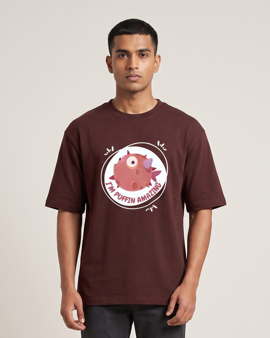 Puffin Amazing - Maroon - Chapter26 premium oversized graphic t-shirt, worn by a model