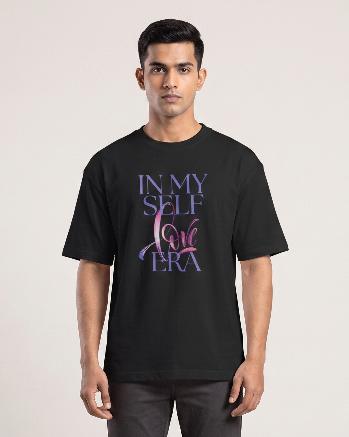 Self Love Era - Black - Chapter26 premium oversized graphic t-shirt, worn by a model