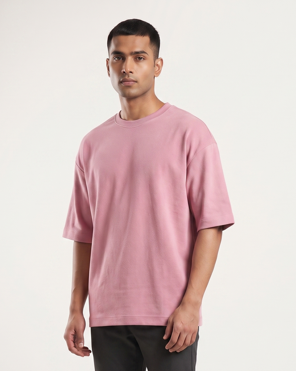 Plush Pink oversized t-shirt front on model