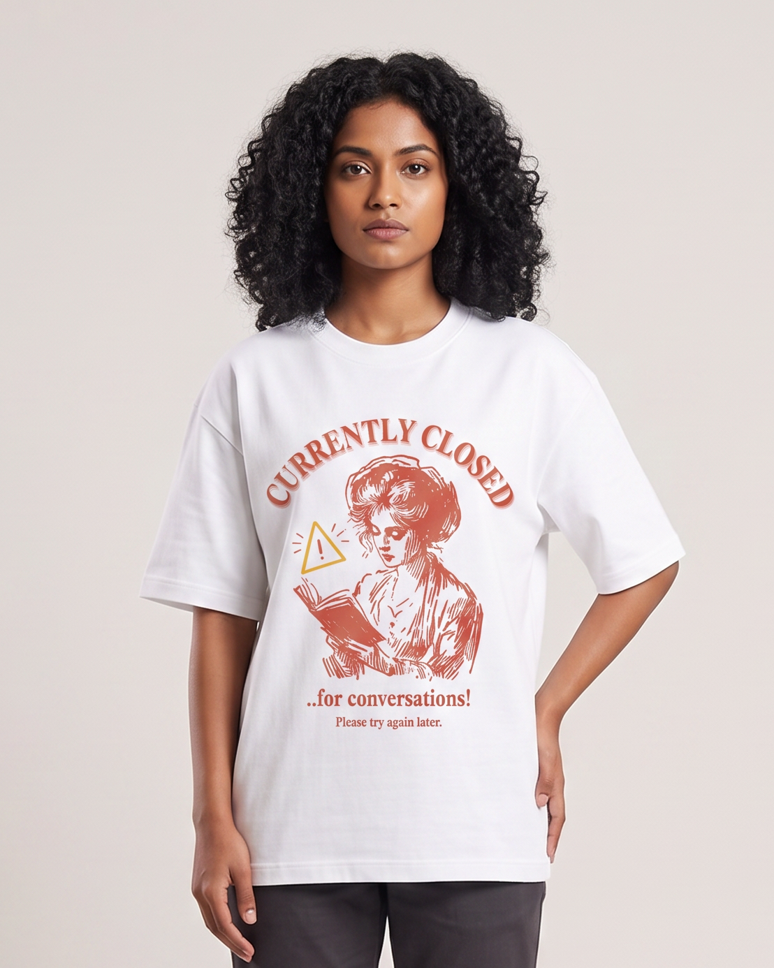 Closed for Conversations - White - Chapter26 premium oversized graphic t-shirt, worn by a female model