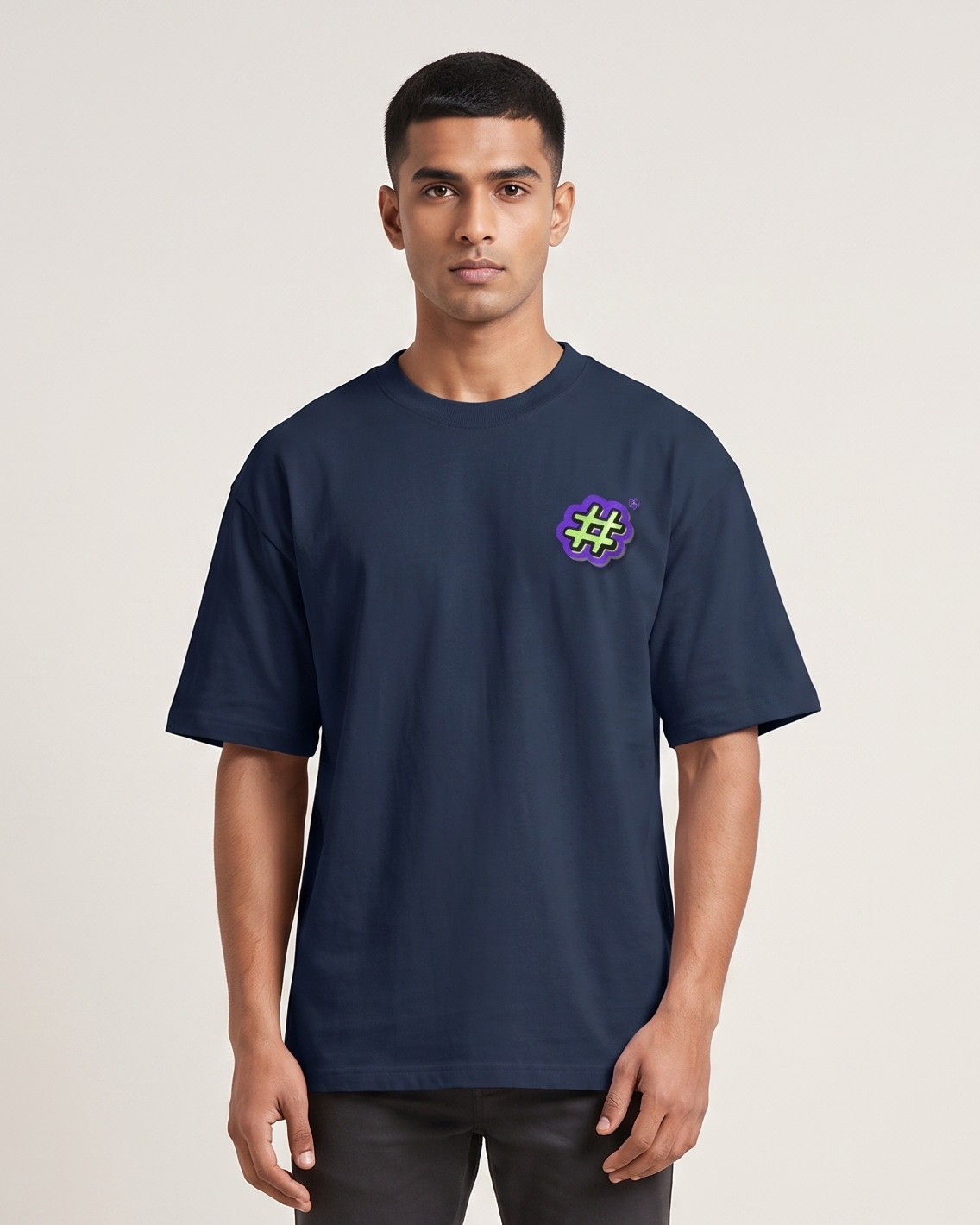 Hash-Tag - Navy Blue - Chapter26 premium oversized graphic t-shirt, worn by a model