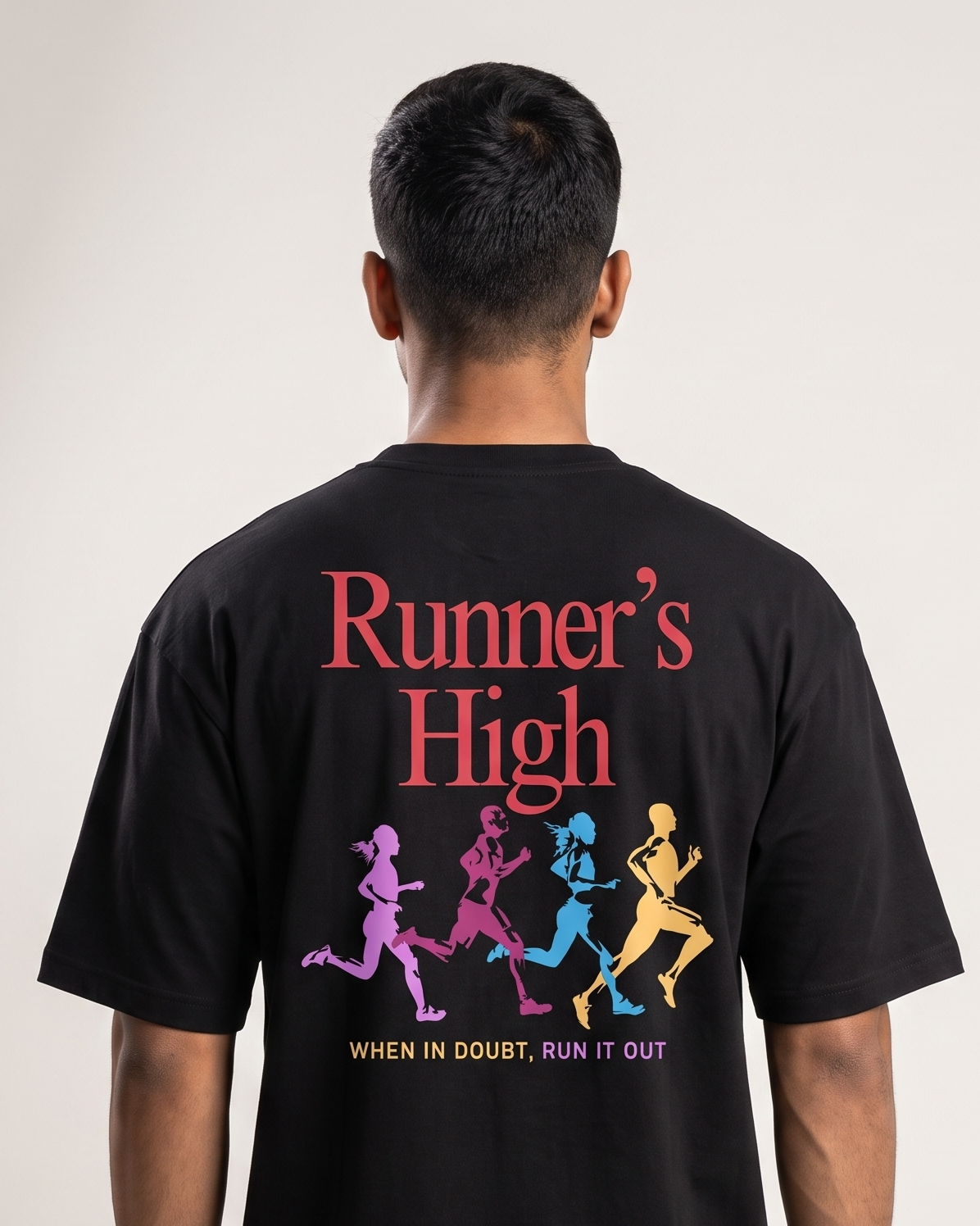 Runner's High - Black - Chapter26 premium oversized graphic t-shirt, back print, worn by a model