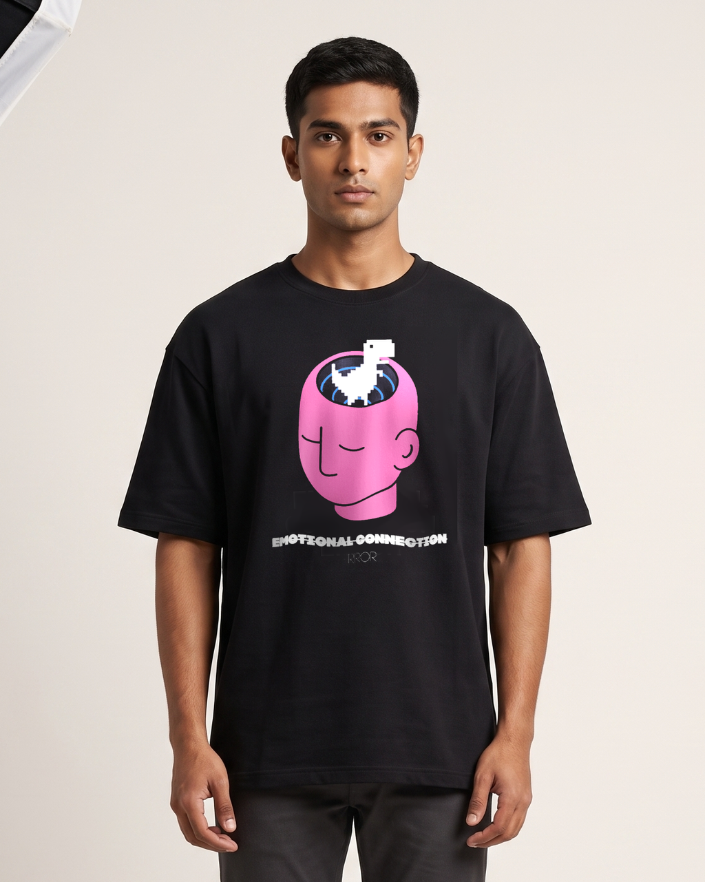 Emotional Connection Error - Black - Chapter26 premium oversized graphic t-shirt, worn by a model