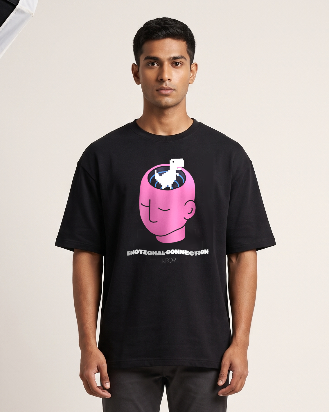Emotional Connection Error - Black - Chapter26 premium oversized graphic t-shirt, worn by a model