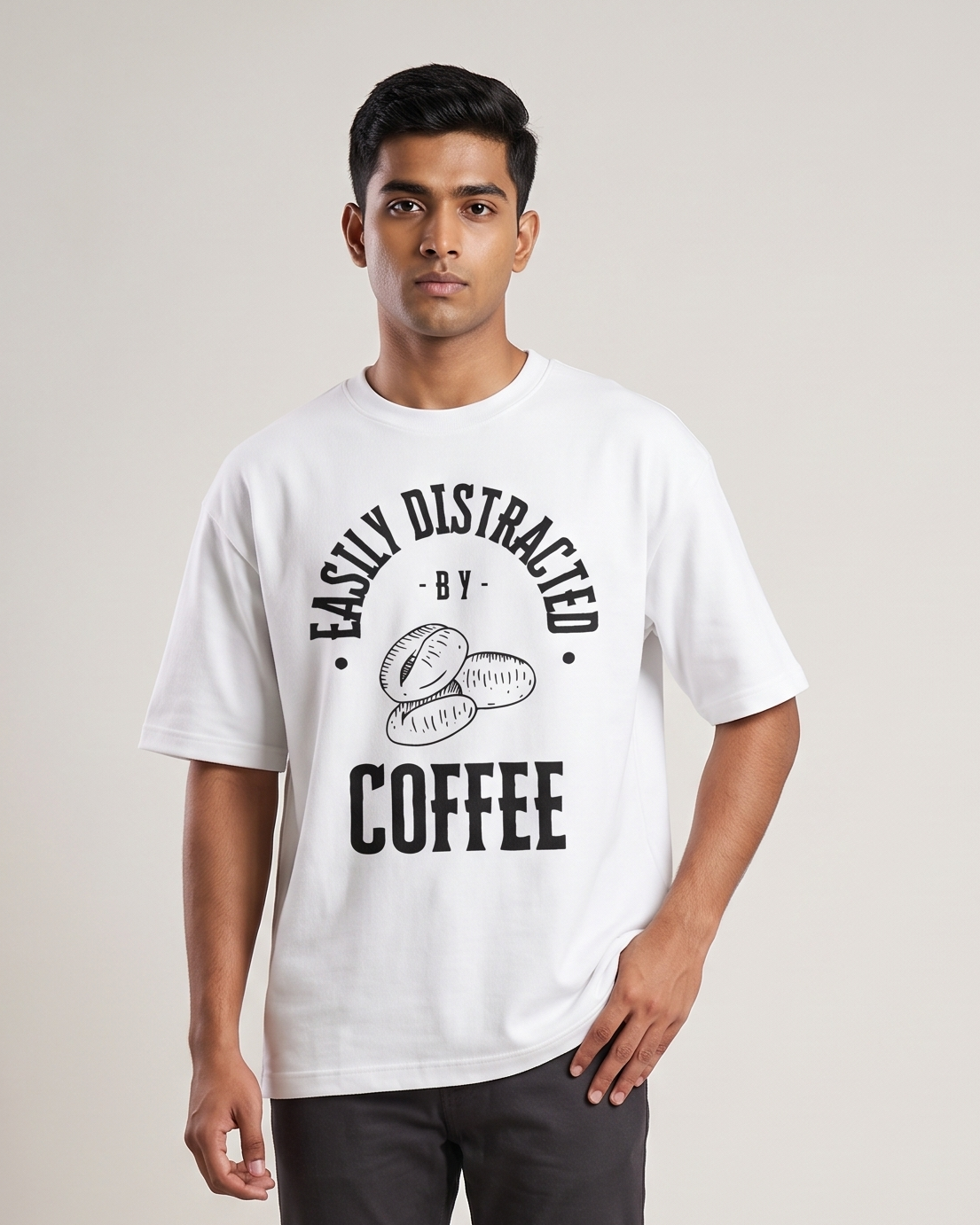 Distracted by Coffee - Light - White - Chapter26 premium oversized graphic t-shirt, worn by a model
