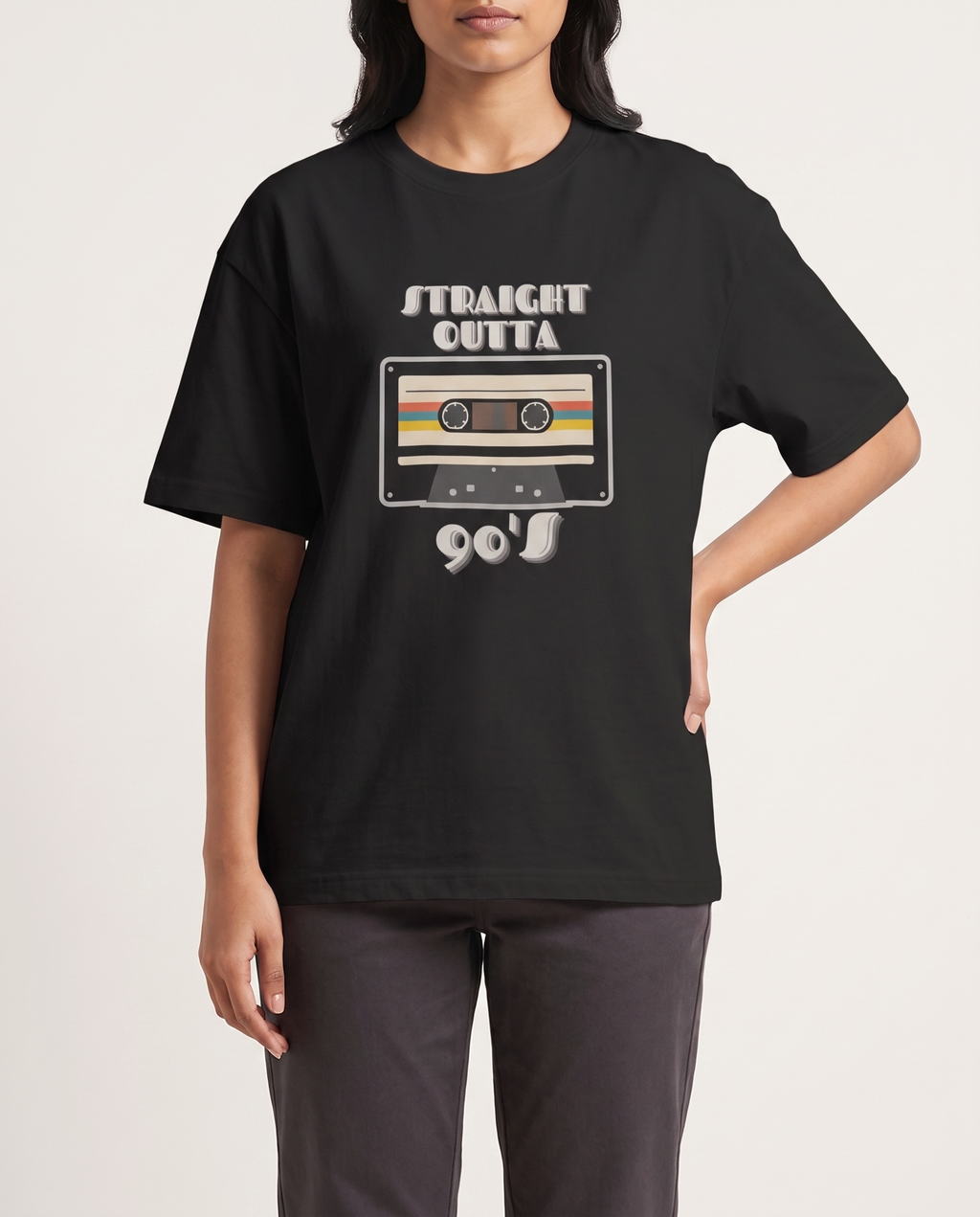 Straight Outta 90s - Black - Chapter26 premium oversized graphic t-shirt, worn by a female model