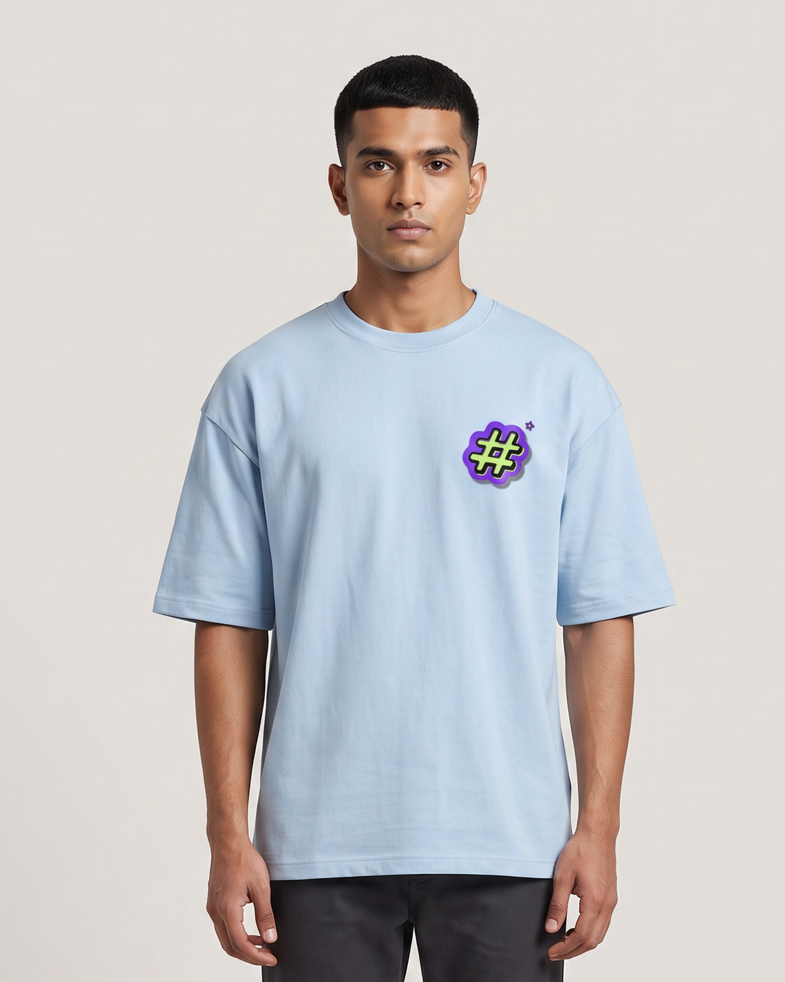 Hash-Tag - Baby Blue - Chapter26 premium oversized graphic t-shirt, worn by a model