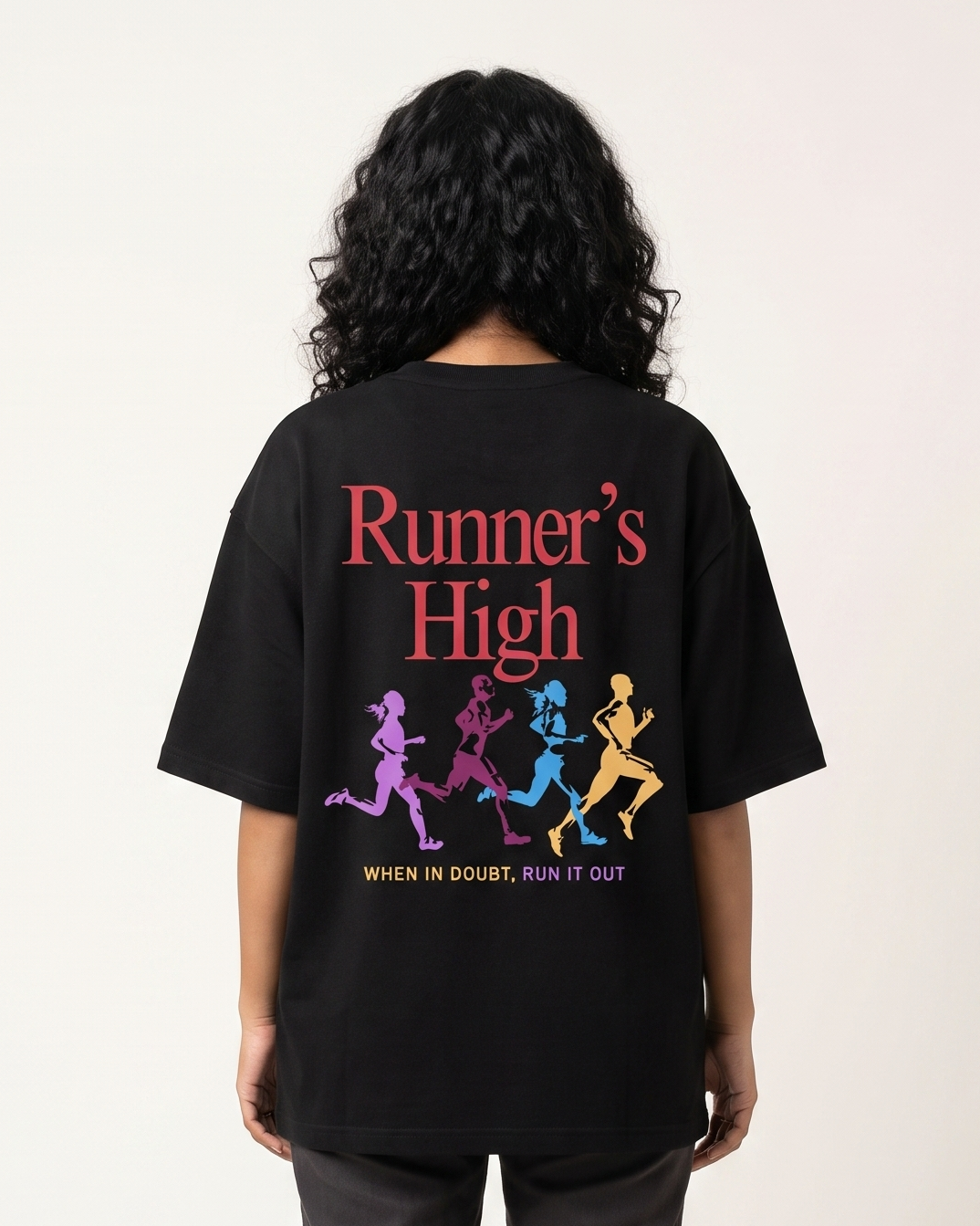 Runner's High - Black - Chapter26 premium oversized graphic t-shirt, back print, worn by a female model