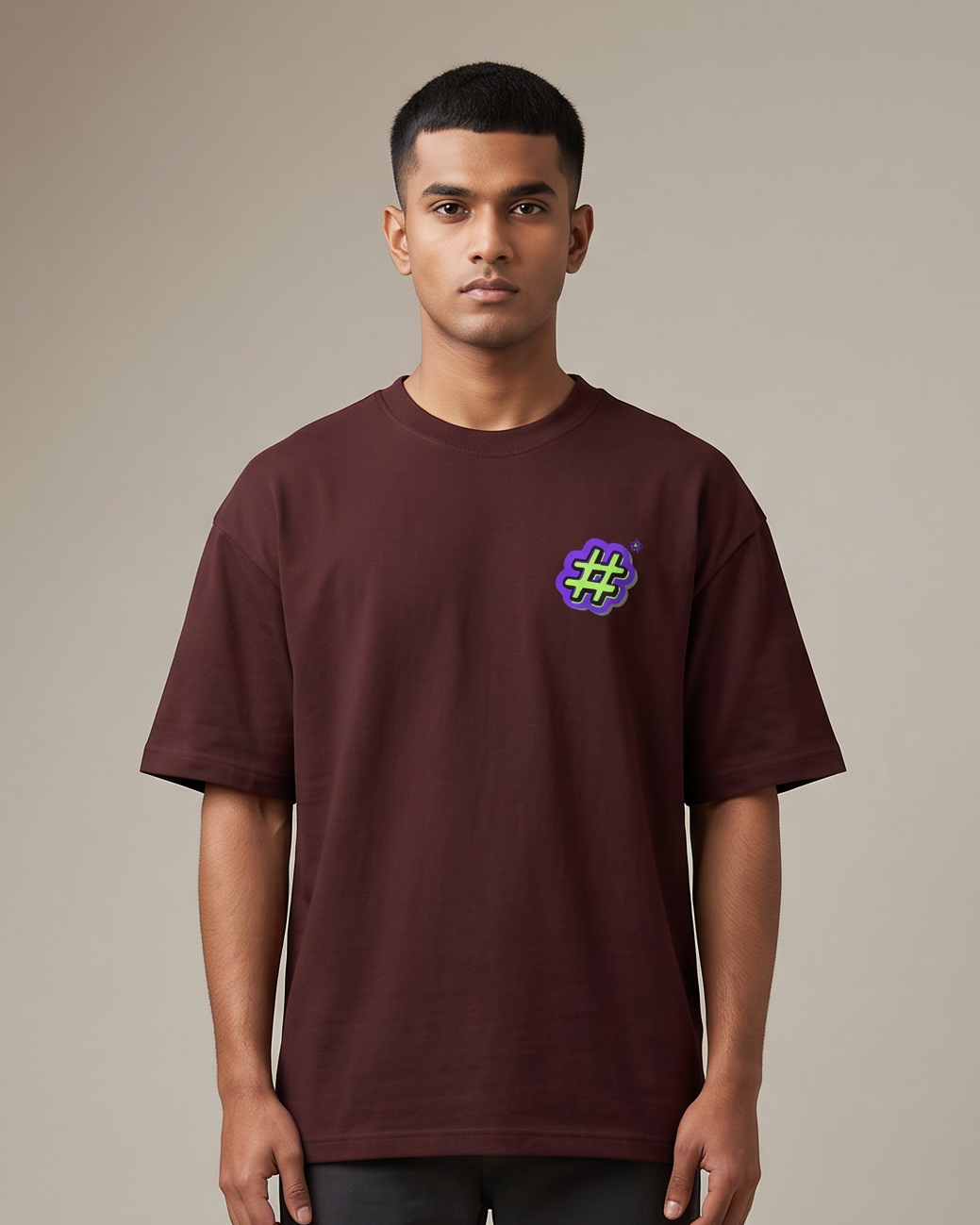 Hash-Tag - Maroon - Chapter26 premium oversized graphic t-shirt, worn by a model