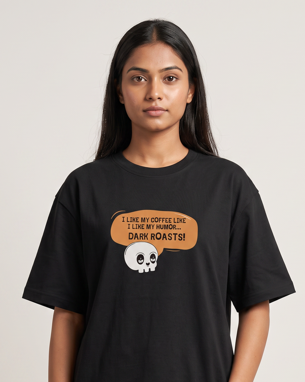 Dark Coffee Roasts Oversized T-Shirt - Black - Chapter26 premium oversized graphic t-shirt, worn by a female model