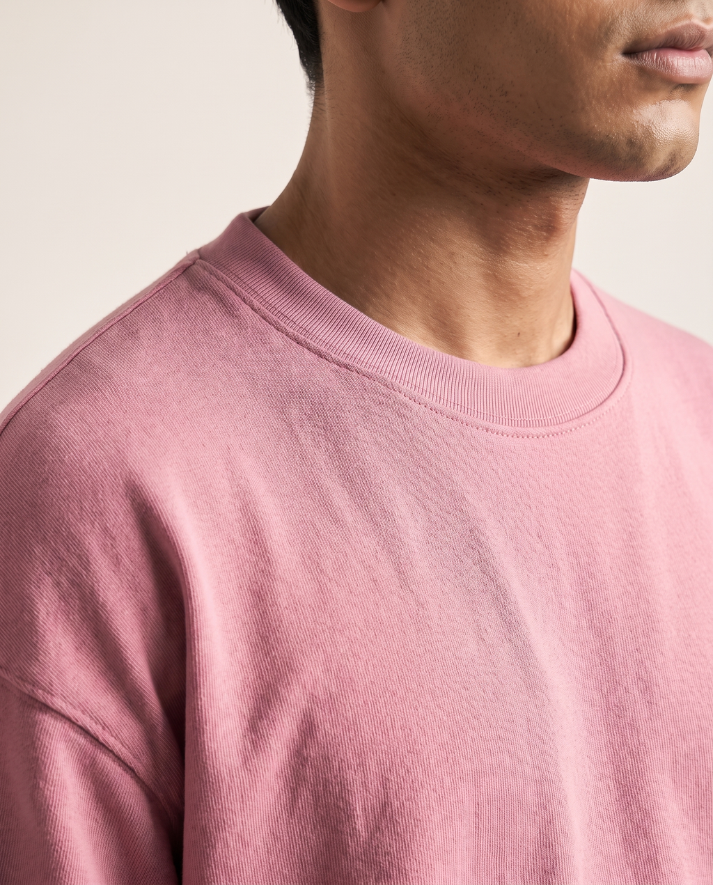 Plush Pink oversized t-shirt, collar and shoulder seam fabric detail