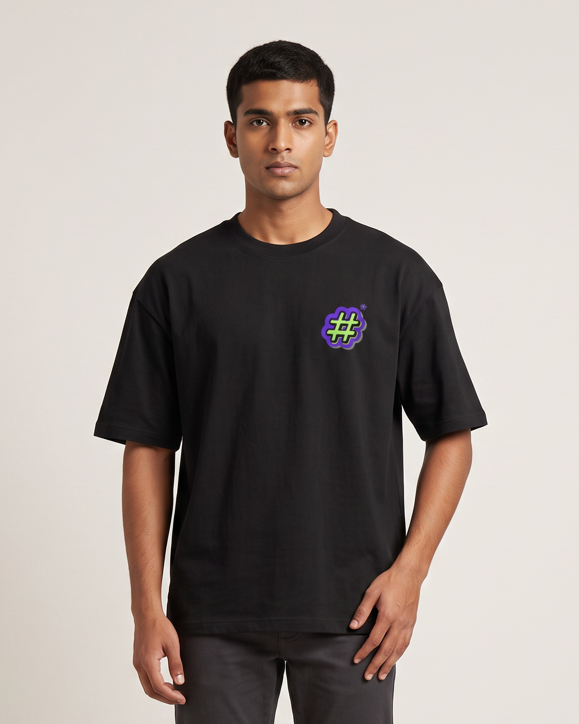 Hash-Tag - Black - Chapter26 premium oversized graphic t-shirt, worn by a model