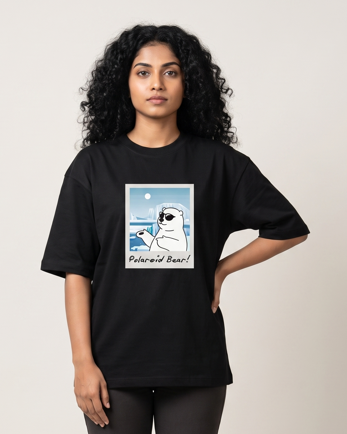 Polaroid Bear - Black - Chapter26 premium oversized graphic t-shirt, worn by a female model