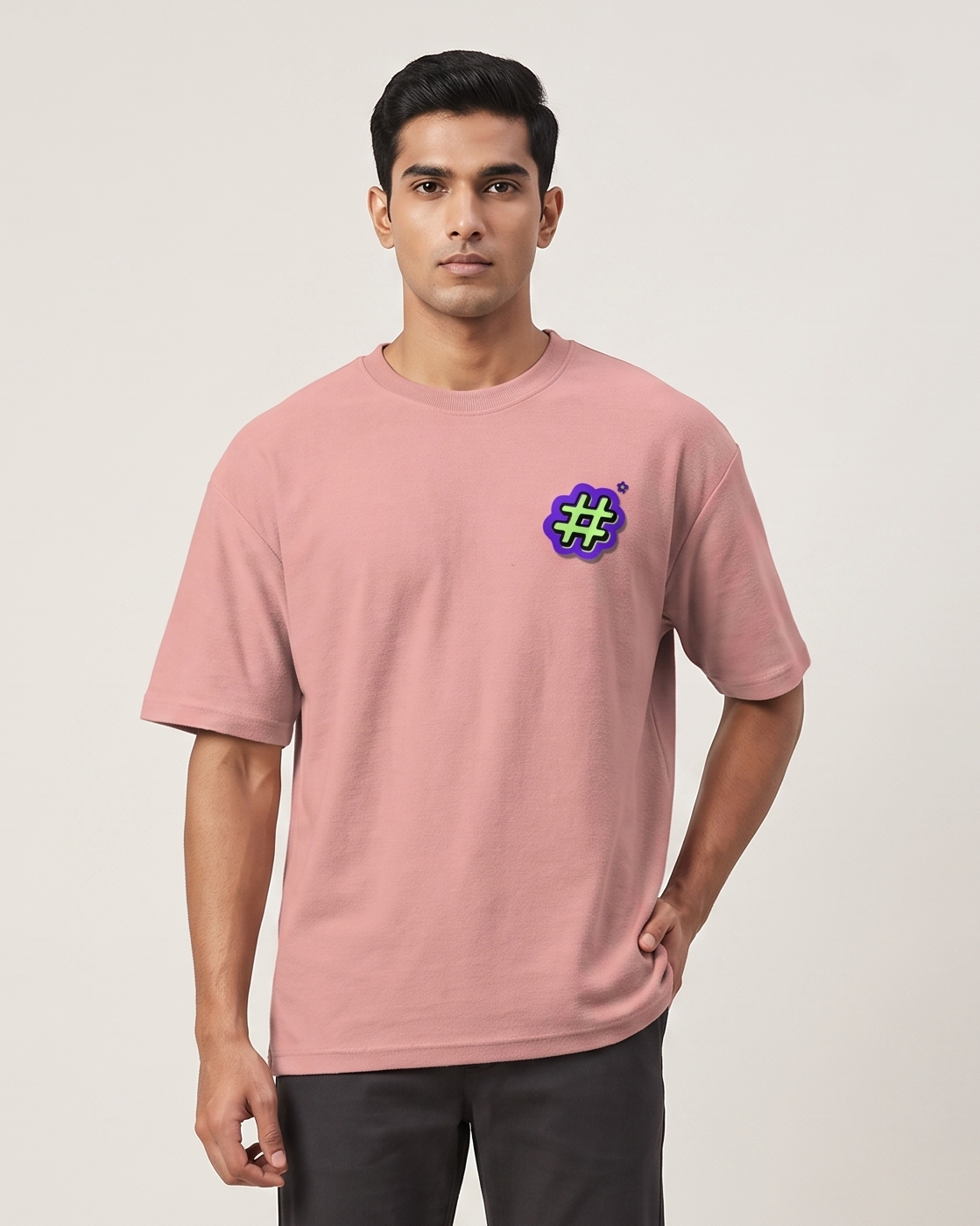 Hash-Tag - Flamingo - Chapter26 premium oversized graphic t-shirt, worn by a model