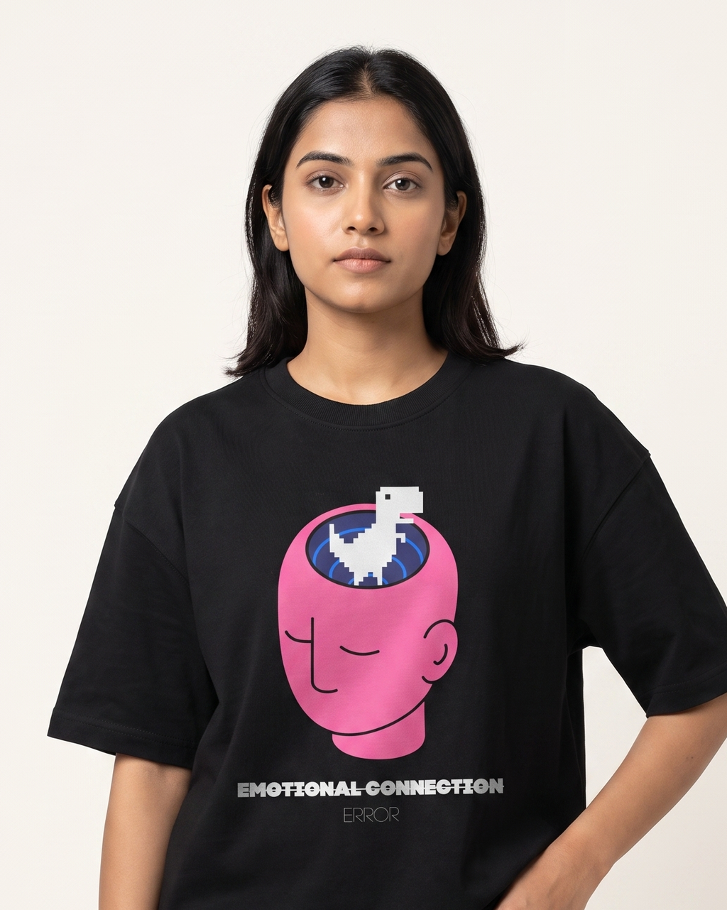 Emotional Connection Error - Black - Chapter26 premium oversized graphic t-shirt, worn by a female model