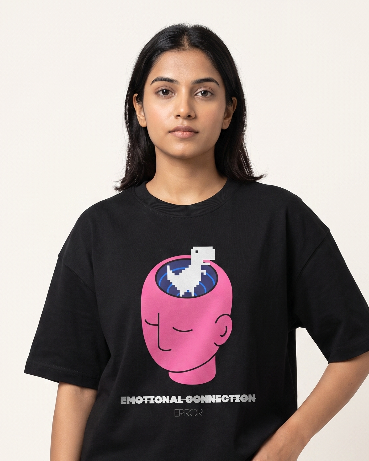 Emotional Connection Error - Black - Chapter26 premium oversized graphic t-shirt, worn by a female model