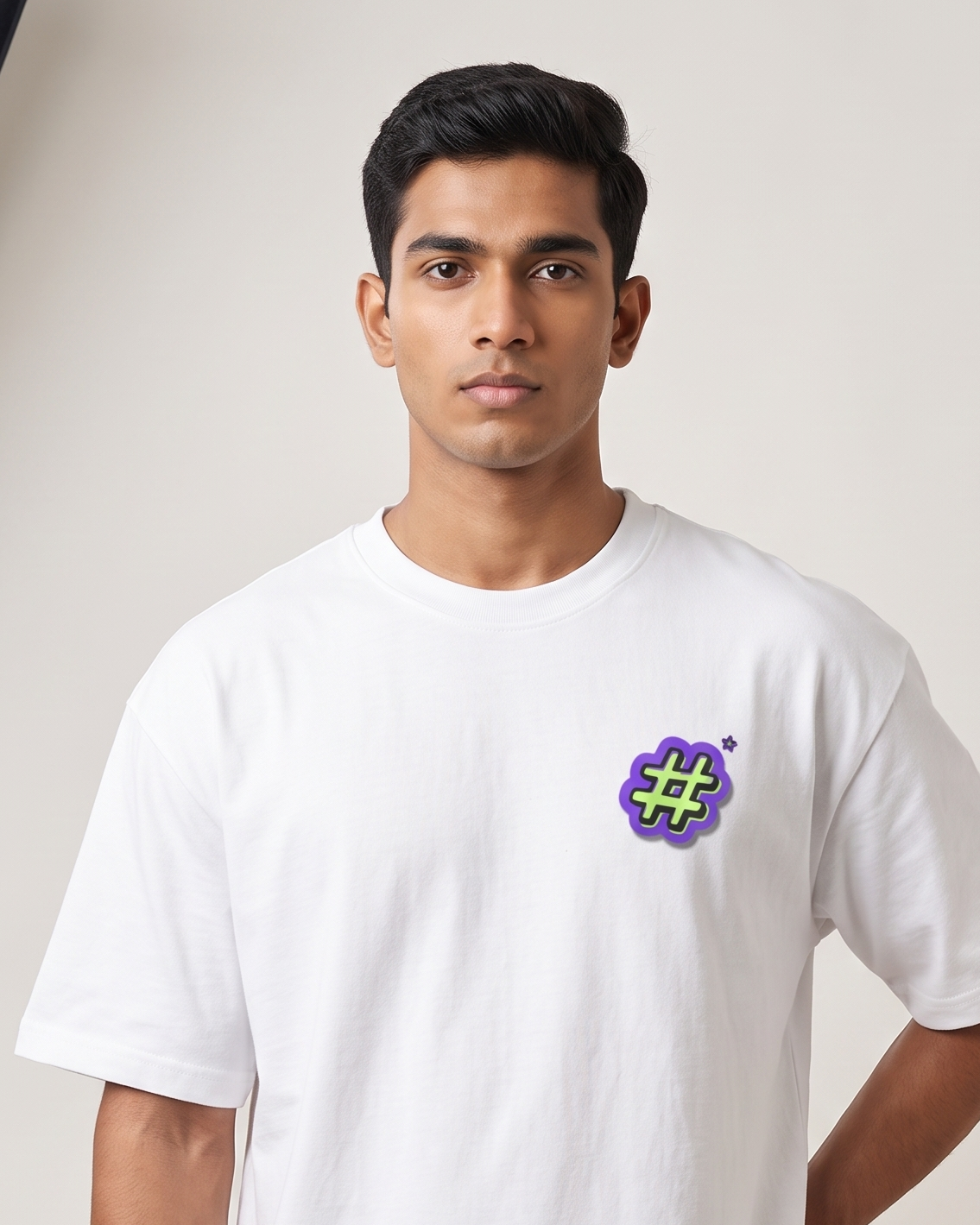 Hash-Tag - White - Chapter26 premium oversized graphic t-shirt, worn by a model