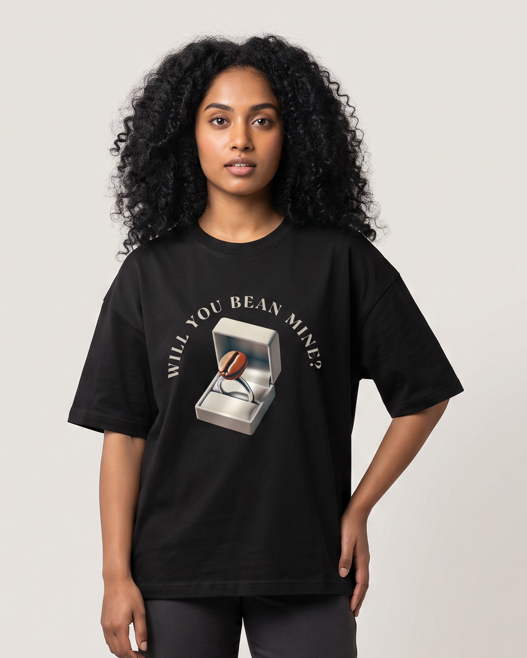 Will You Bean Mine? - Black - Chapter26 premium oversized graphic t-shirt, worn by a female model