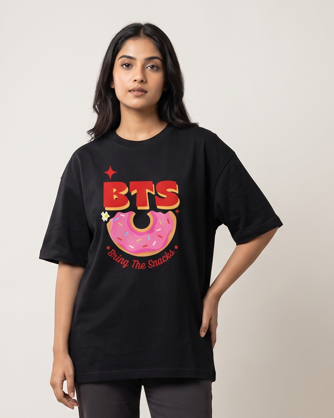 BTS - Bring The Snacks - Black - Chapter26 premium oversized graphic t-shirt, worn by a female model