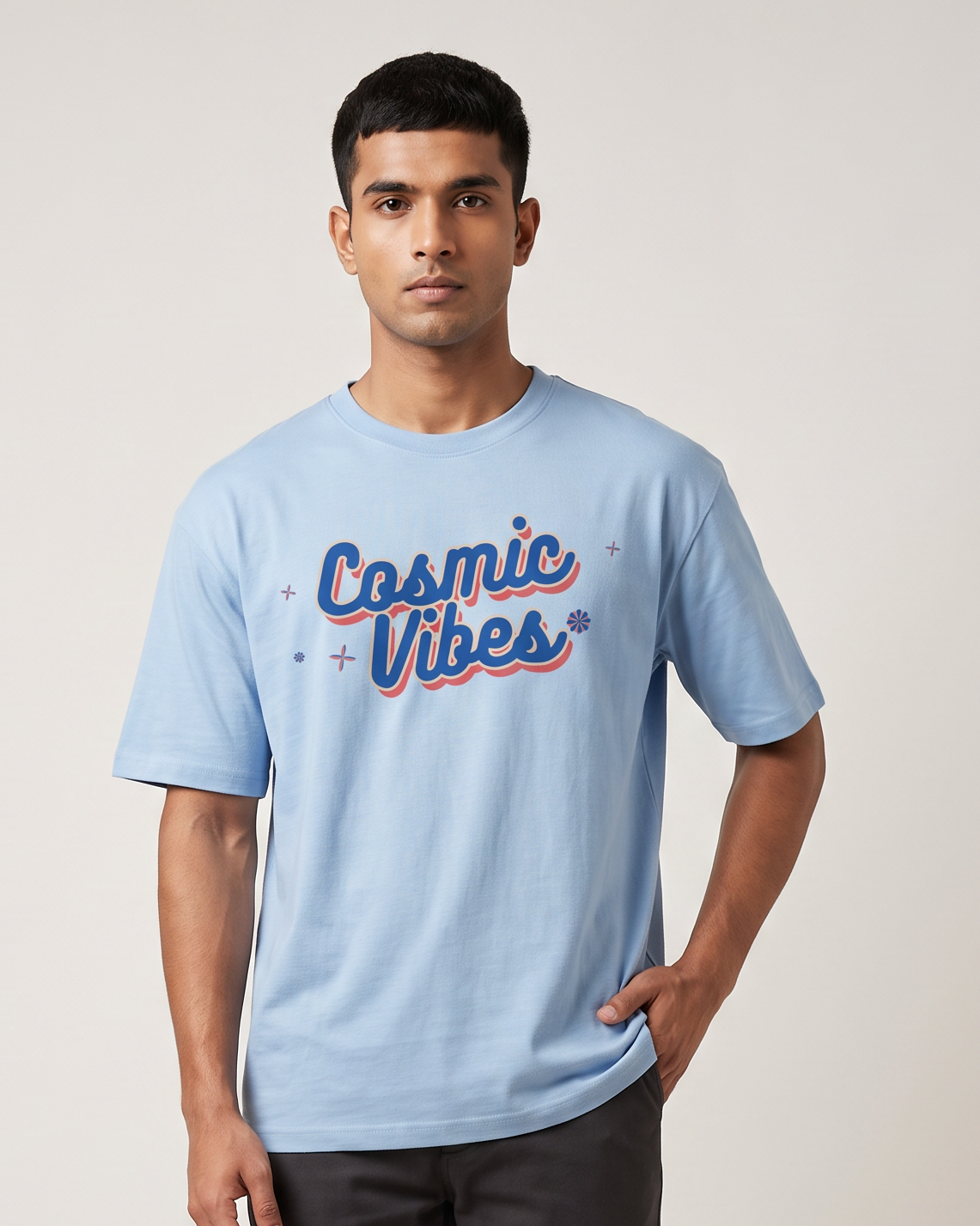 Cosmic Vibes - Baby Blue - Chapter26 premium oversized graphic t-shirt, worn by a model