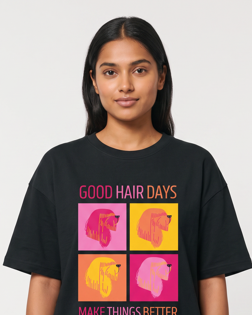 Good Hair Days - Black - Chapter26 premium oversized graphic t-shirt, worn by a female model