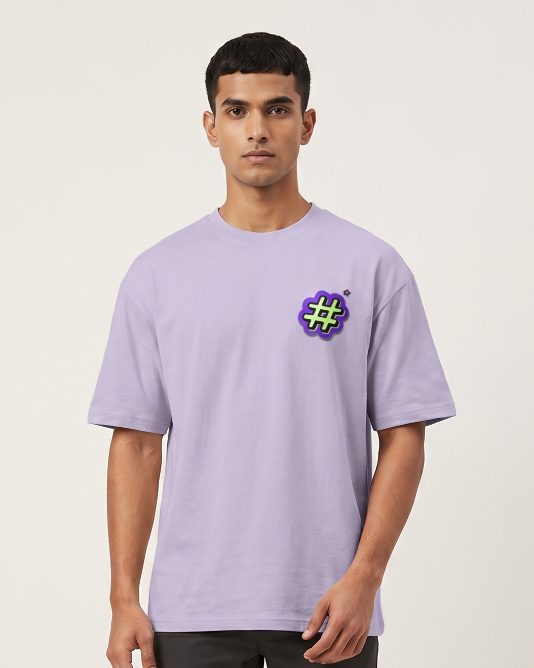 Hash-Tag - Lavender - Chapter26 premium oversized graphic t-shirt, worn by a model