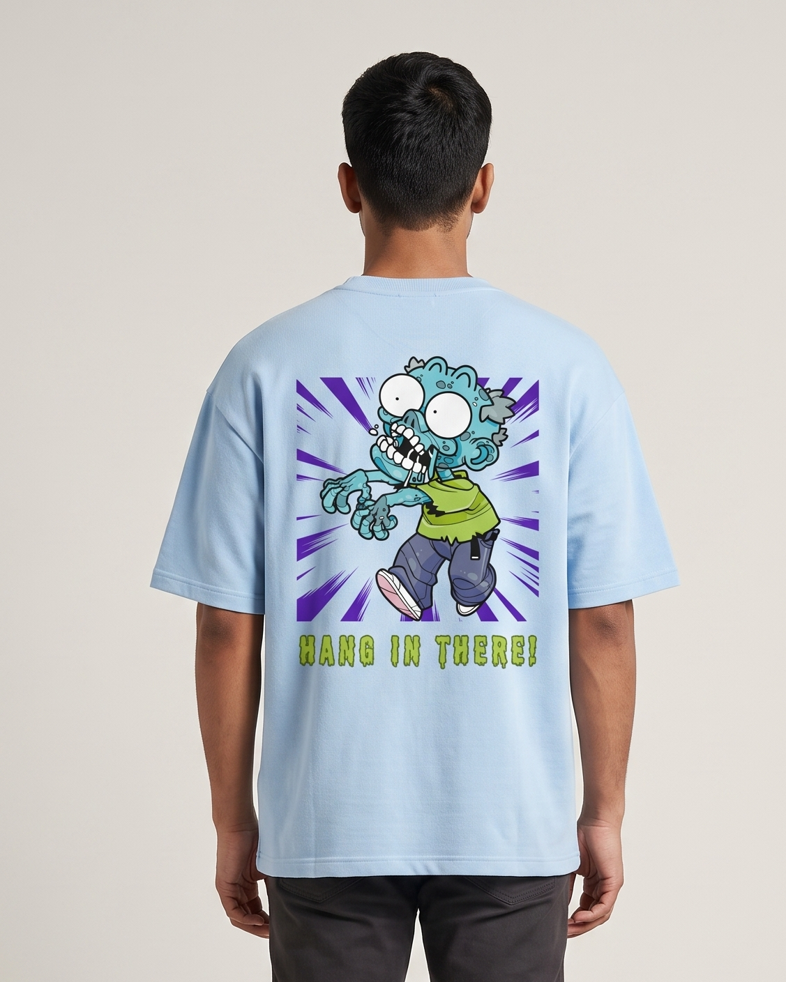 Hang In There - Baby Blue - Chapter26 premium oversized graphic t-shirt, back print, worn by a model