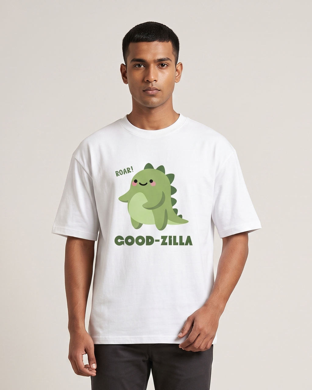 Good-Zilla - White - Chapter26 premium oversized graphic t-shirt, worn by a model