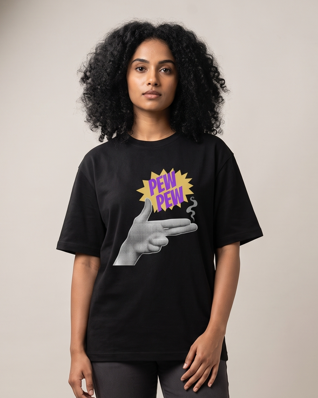 Pew Pew - Black - Chapter26 premium oversized graphic t-shirt, worn by a female model