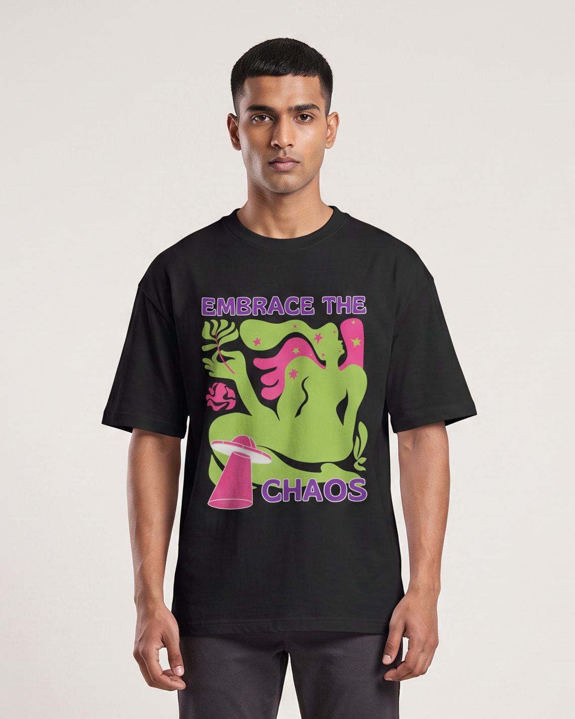 Embrace The Chaos - Black - Chapter26 premium oversized graphic t-shirt, worn by a model