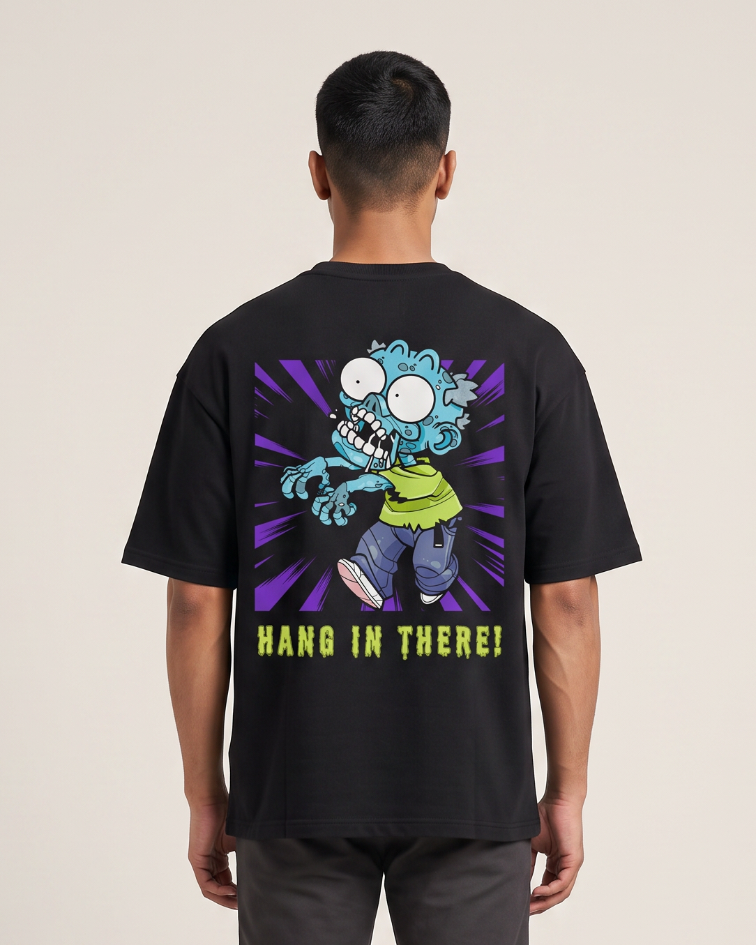 Hang In There - Black - Chapter26 premium oversized graphic t-shirt, back print, worn by a model