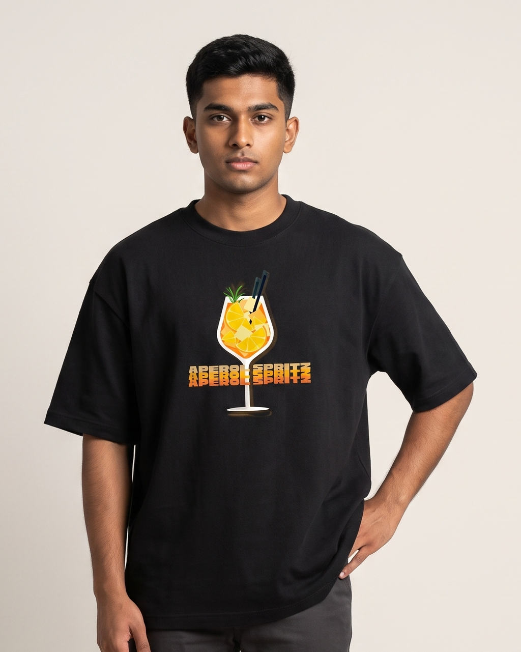 Aperol Spritz - Black - Chapter26 premium oversized graphic t-shirt, worn by a model
