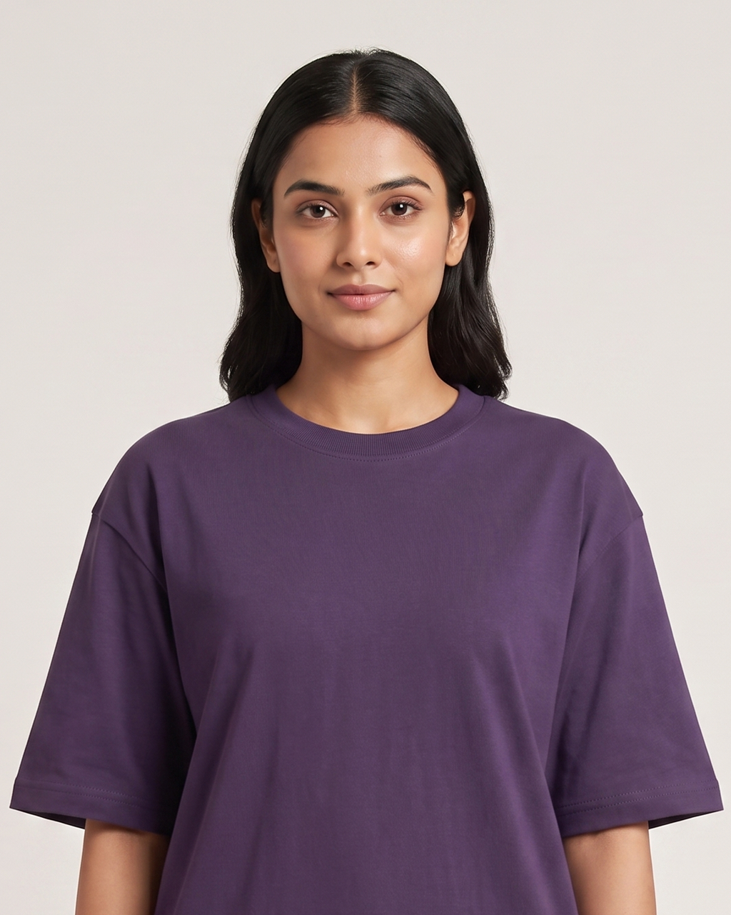 Purple - Chapter26 premium oversized graphic t-shirt, worn by a female model