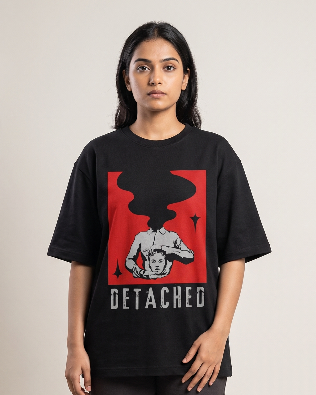 Detached - Black - Chapter26 premium oversized graphic t-shirt, worn by a female model