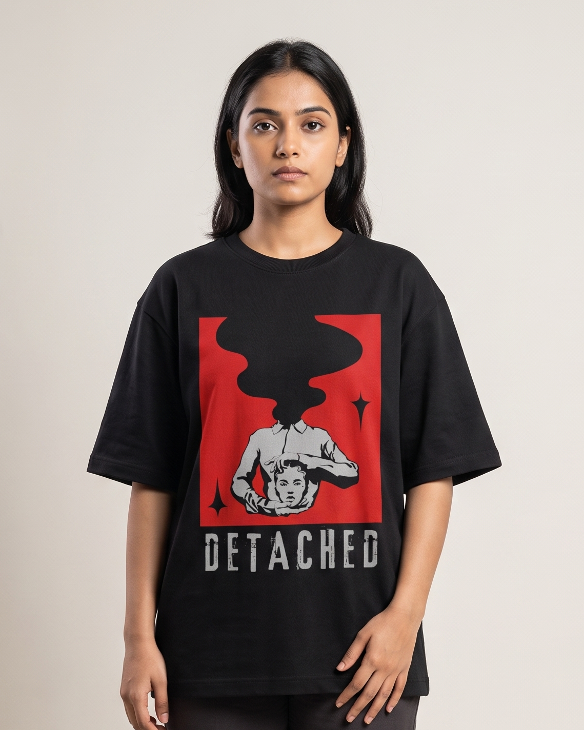 Detached - Black - Chapter26 premium oversized graphic t-shirt, worn by a female model