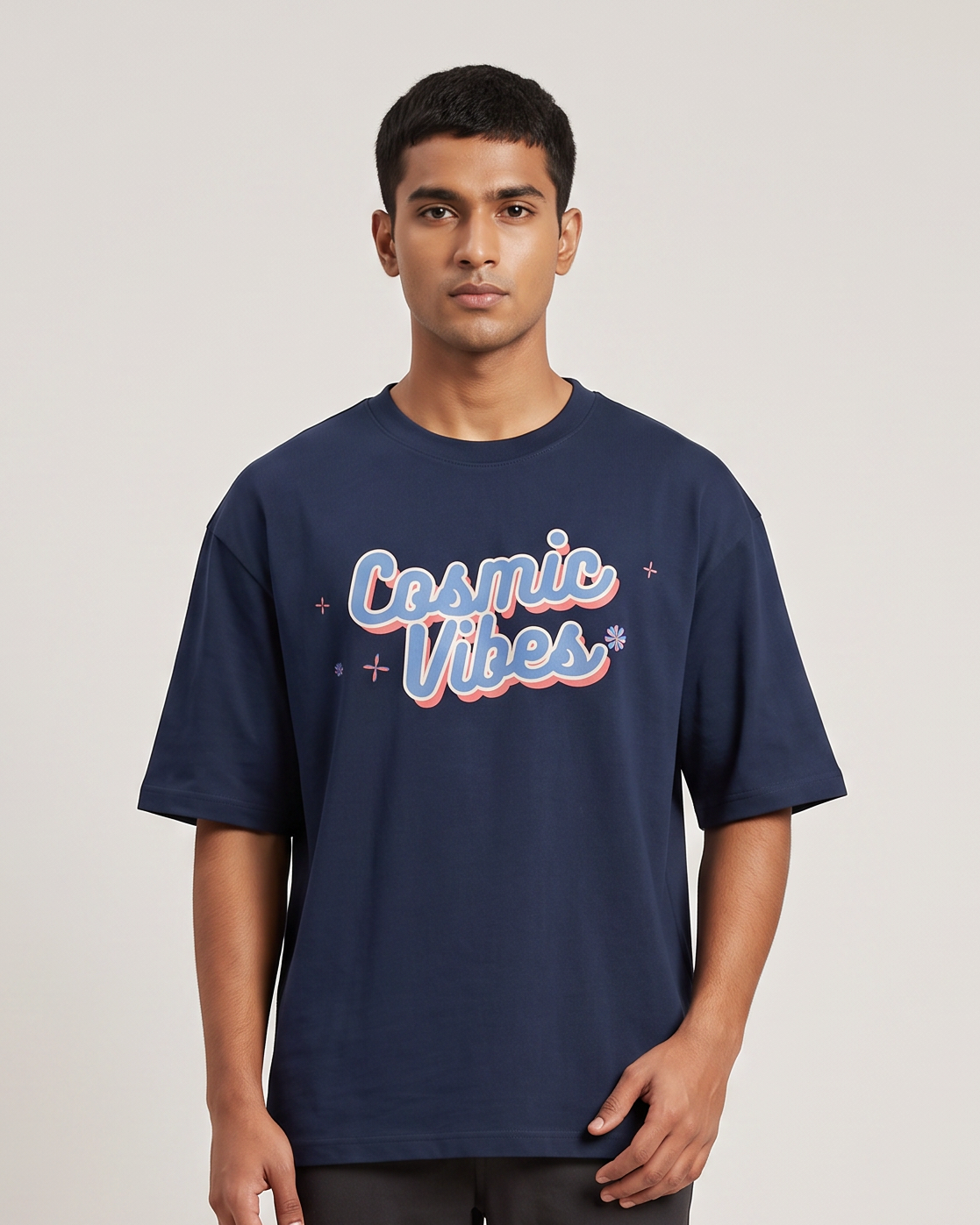 Cosmic Vibes - Navy Blue - Chapter26 premium oversized graphic t-shirt, worn by a model