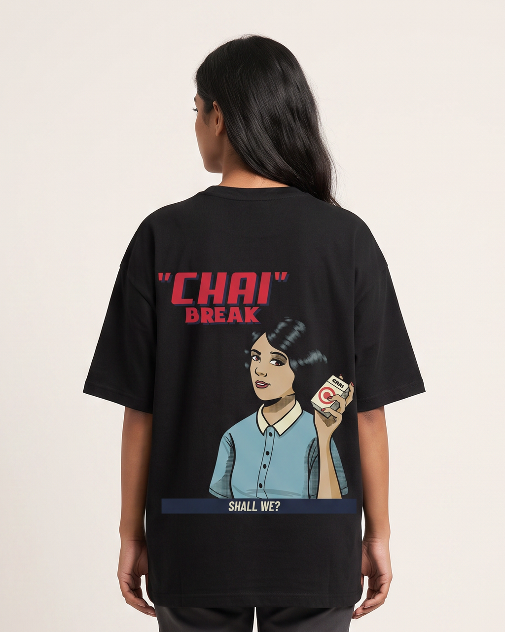 Chai Break - Black - Chapter26 premium oversized graphic t-shirt, back print, worn by a female model