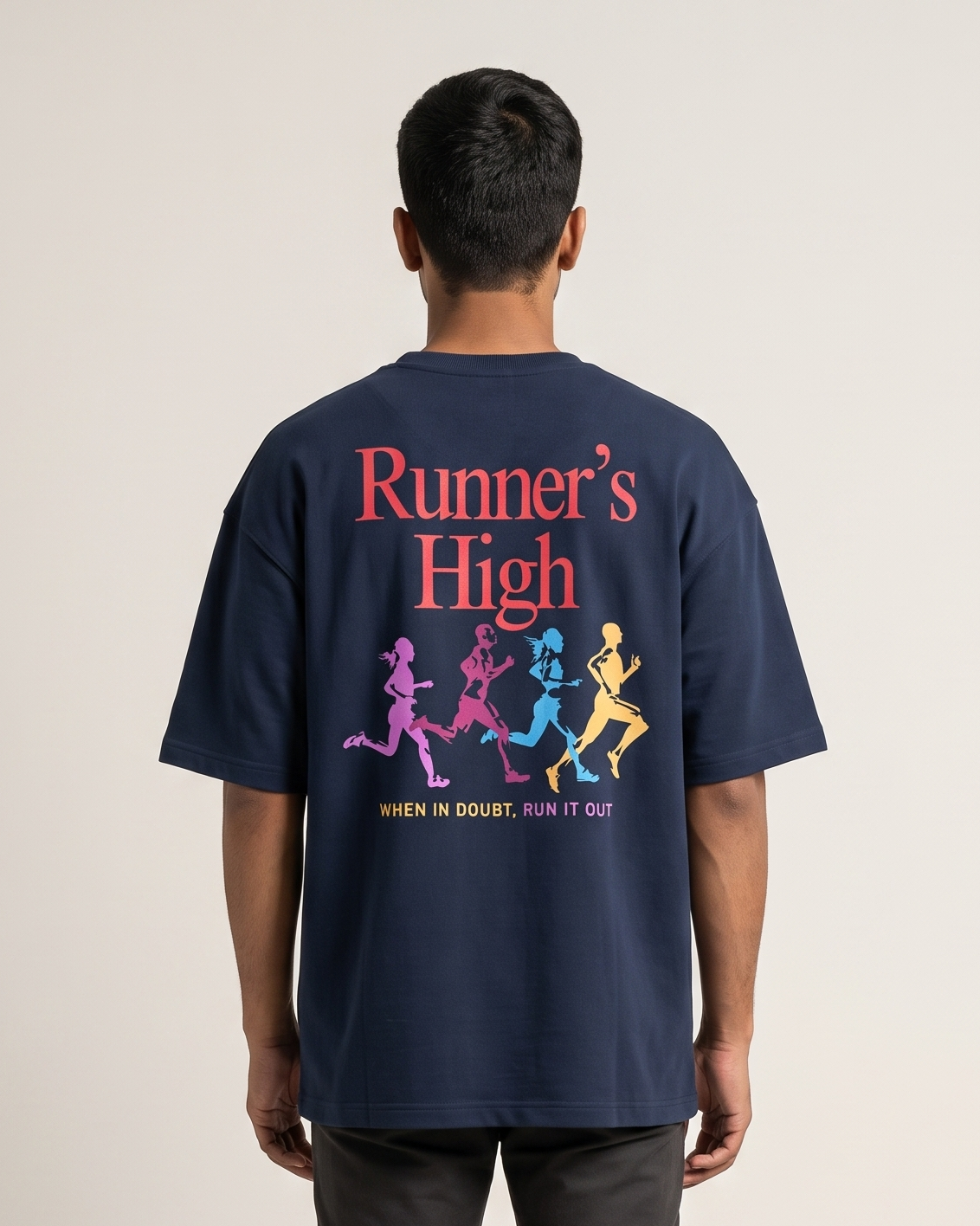 Runner's High - Navy Blue - Chapter26 premium oversized graphic t-shirt, back print, worn by a model