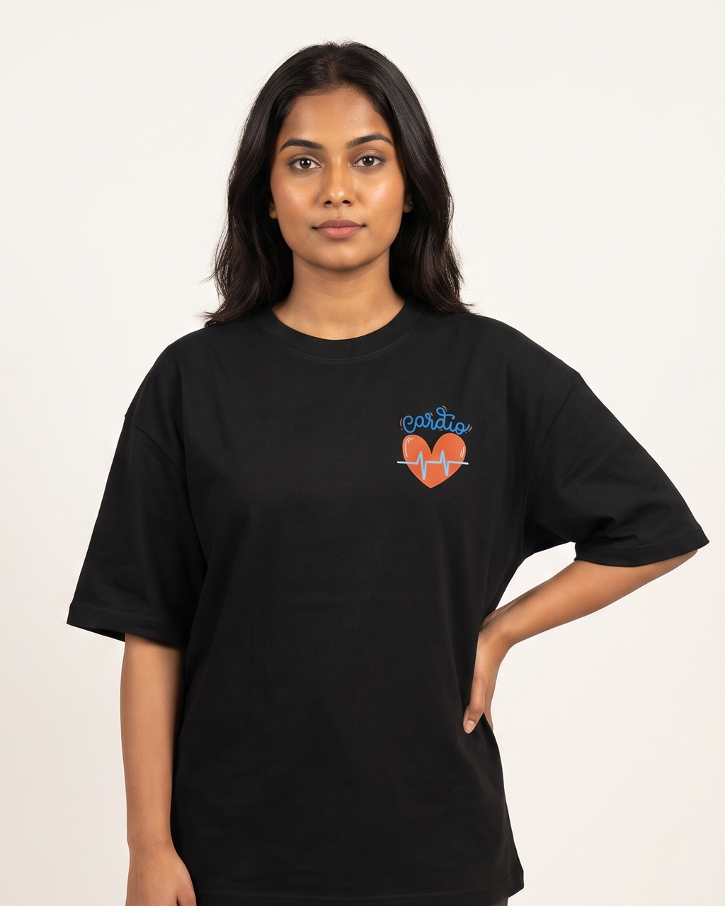 Cardio - Black - Chapter26 premium oversized graphic t-shirt, worn by a female model