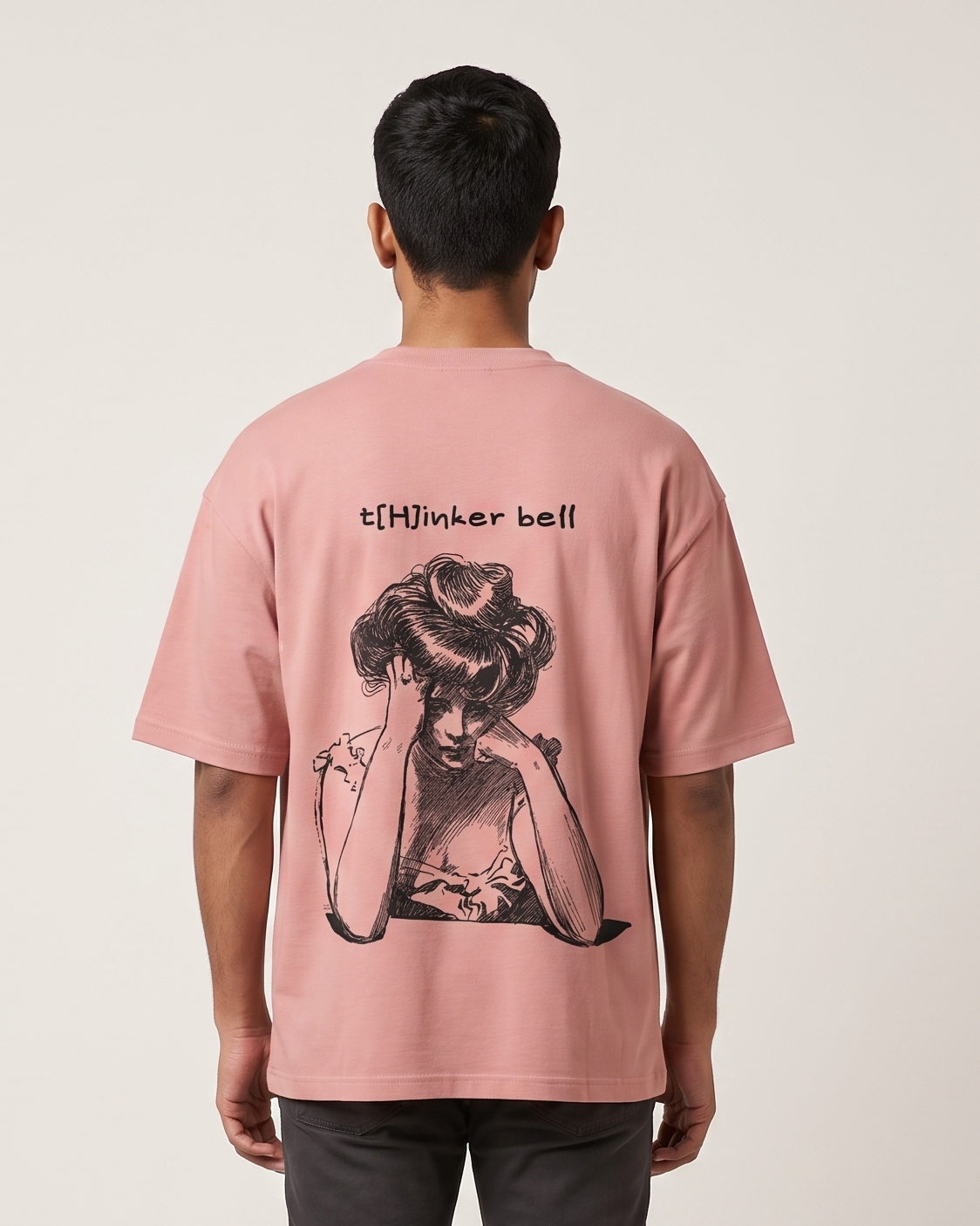 Thinker Bell - Flamingo - Chapter26 premium oversized graphic t-shirt, back print, worn by a model
