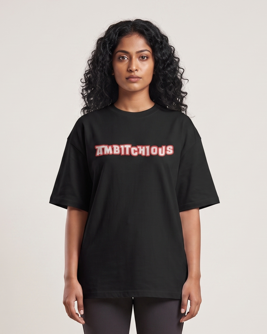 Ambitchious - Black - Chapter26 premium oversized graphic t-shirt, worn by a female model