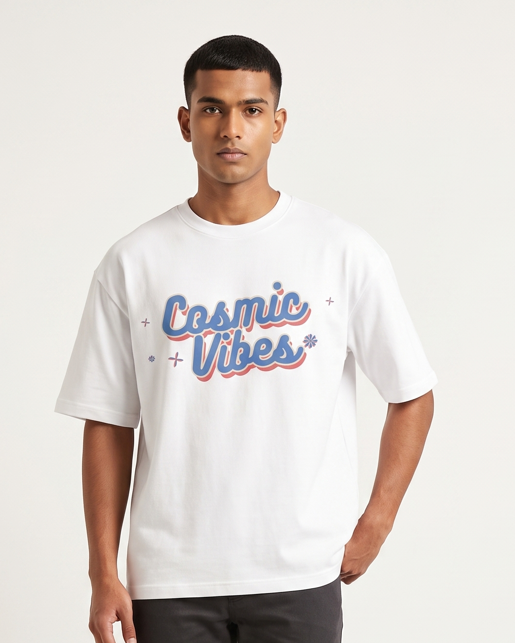 Cosmic Vibes - White - Chapter26 premium oversized graphic t-shirt, worn by a model