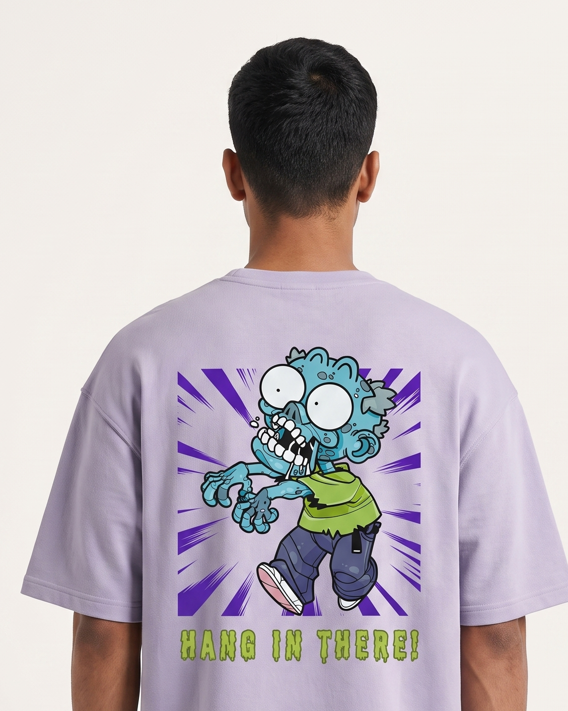 Hang In There - Lavender - Chapter26 premium oversized graphic t-shirt, back print, worn by a model