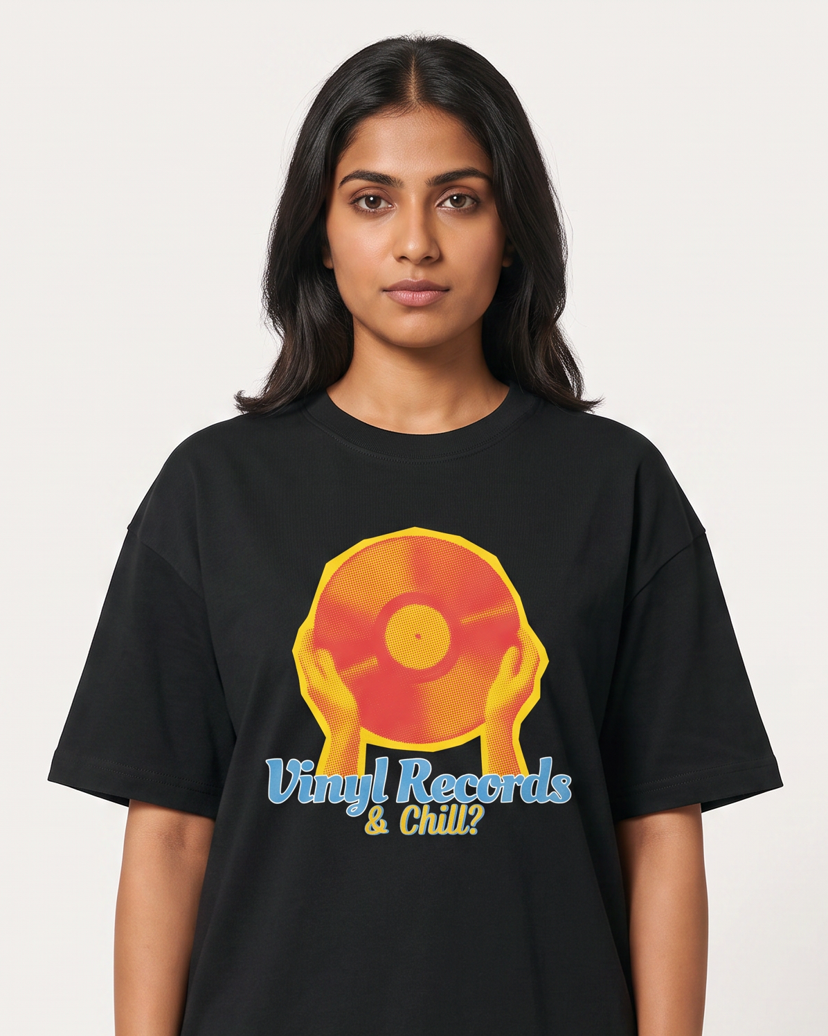 Vinyl & Chill - Black - Chapter26 premium oversized graphic t-shirt, worn by a female model