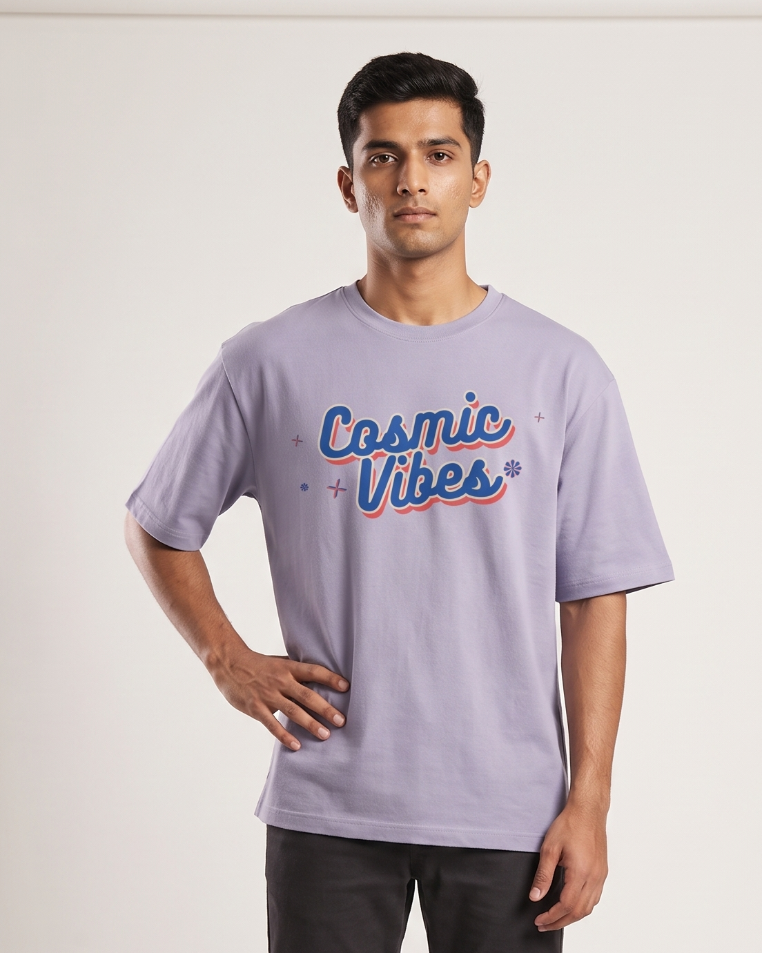 Cosmic Vibes - Lavender - Chapter26 premium oversized graphic t-shirt, worn by a model