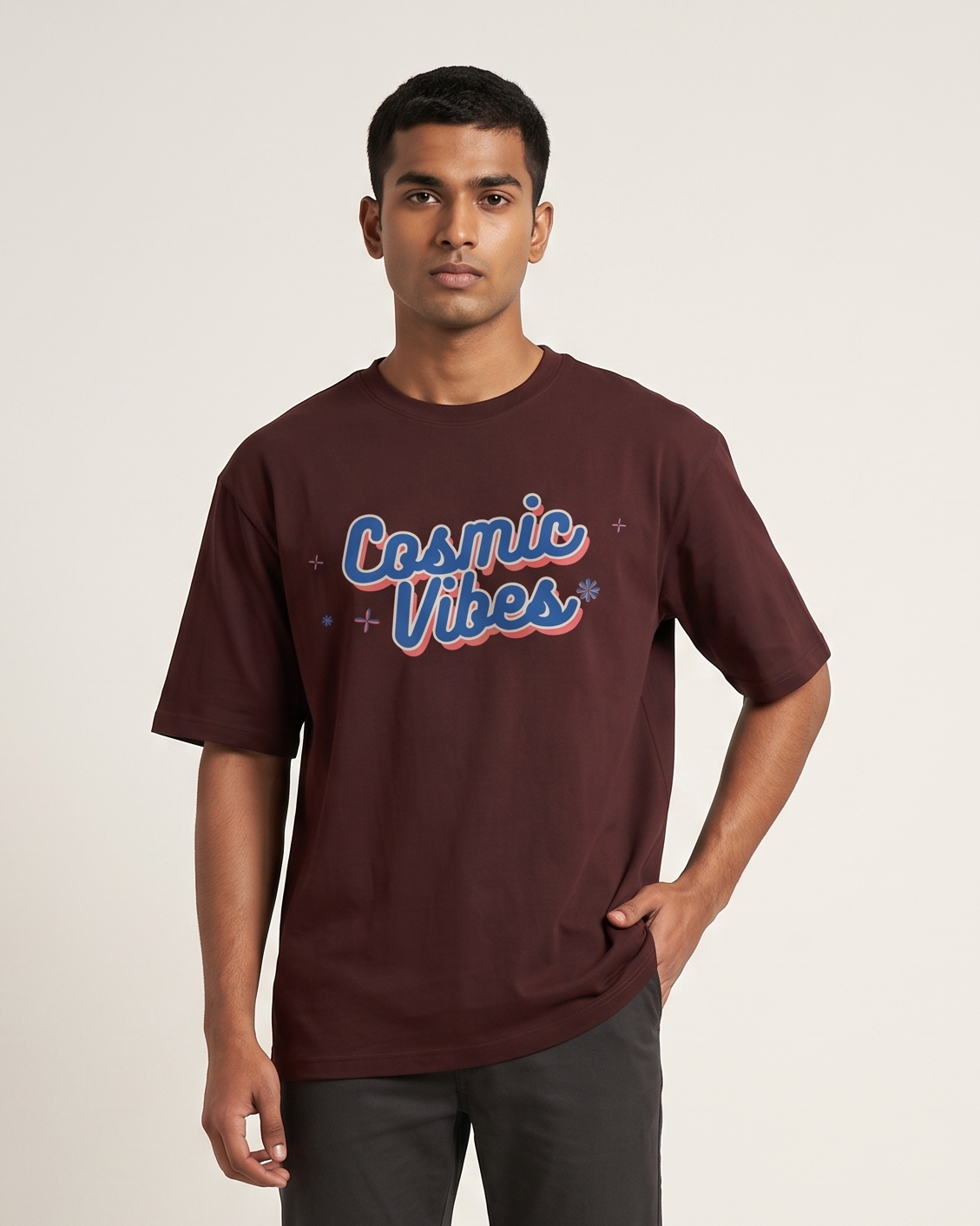 Cosmic Vibes - Maroon - Chapter26 premium oversized graphic t-shirt, worn by a model